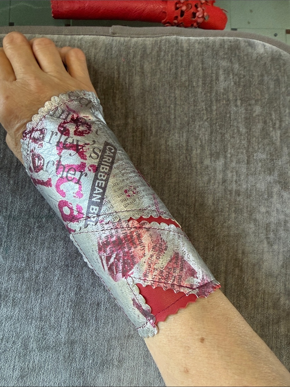 Caribbean Metallic Silver and Red Leather Wrist Gauntlet Cuff